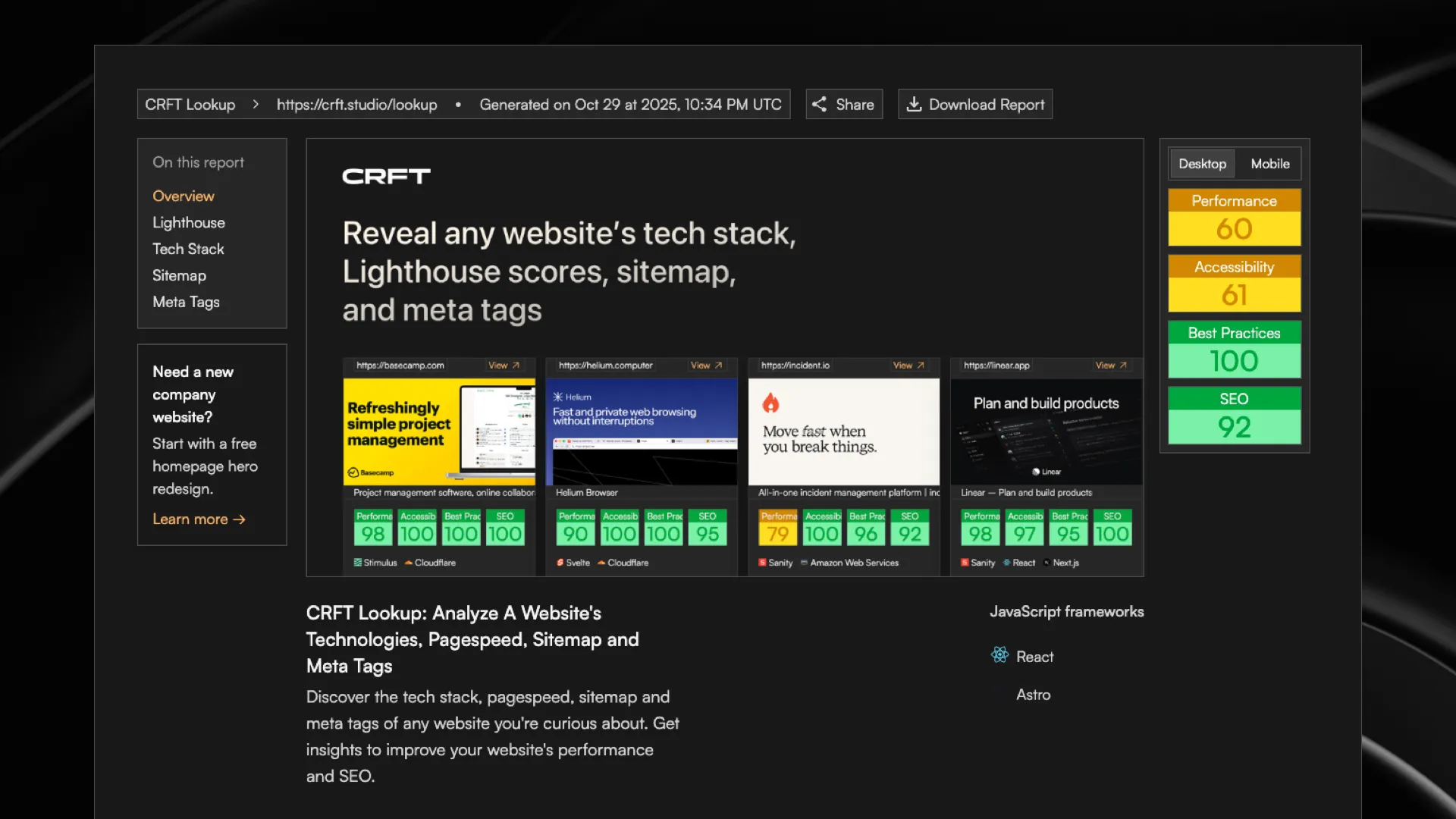 Screenshot of CRFT Lookup report on TailwindCSS