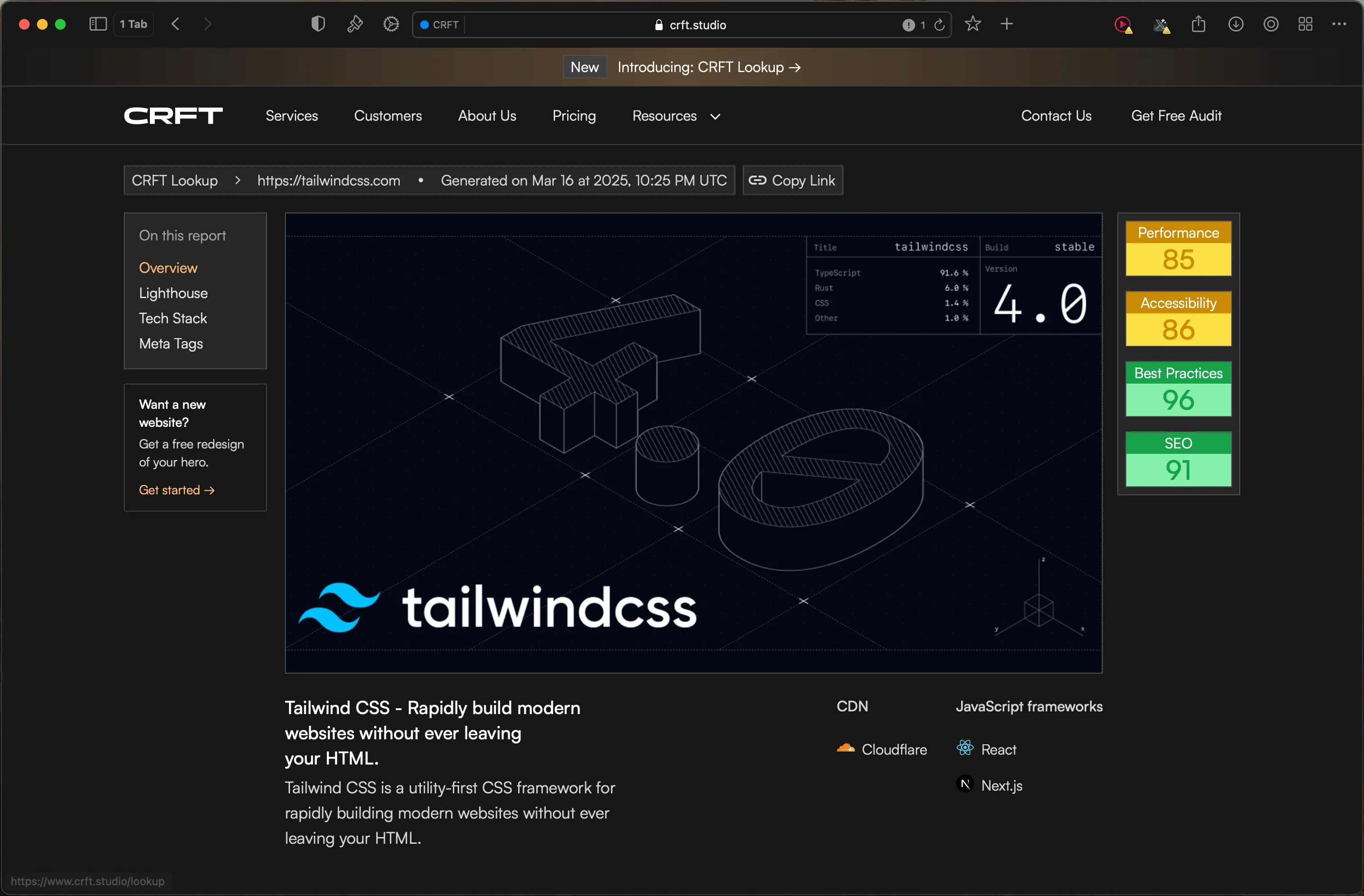 Screenshot of CRFT Lookup report on TailwindCSS